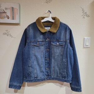 Goodfellow & Co Blue Denim Jacket with Brown Sherpa Collar Size Large